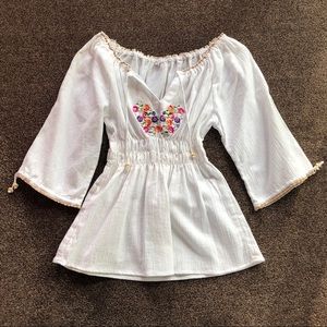 White Off-Shoulder Blouse Top w/ Floral Embroidery